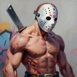 greg manchess mid shot portrait painting of zombie muscular jason voorhees from evil dead mortal kombat as overwatch character, medium shot, asymmetrical, profile picture, organic painting, sunny day, matte painting, bold shapes, blood splatter, machete, hard edges, street art, trending on artstation, by huang guangjian and gil elvgren and sachin teng