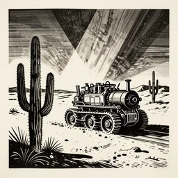 art by brian reedy, cinematic black ink linocut print of a desert with a few cacti here and there, 8 k, frostbite 3 engine, cryengine, dof, trending on artstation, digital art, crepuscular ray