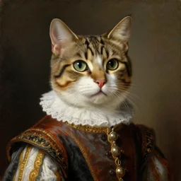 portrait of a pedigree cat wearing renaissance clothes. art by rubens, oilpainting, sharp focus, very detailed, hyper realistic, rich colors