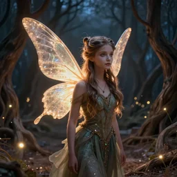 a stunning ultra detailed fantasy fine art photo of a fairy with glowing wings in a barren sinuous forest surrounded by fireflies, by tomasz alen kopera and anna dittman, night, very detailed, perfect eyes and face and figure!, deep depth of field, 3 5 mm lens, soft lighting, artstation, highly coherent, 8 k