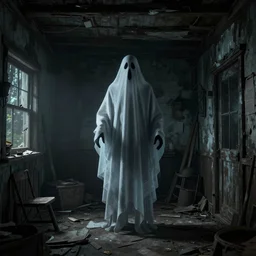 A ghost in the shadows of a dark decrepit cottage, highly detailed interior, hyperrealistic, Lumion render, 8k UHD