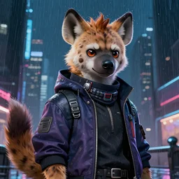 character portrait of a male anthro hyena fursona with a tail and a cute beautiful attractive detailed furry face wearing stylish cyberpunk clothes in a cyberpunk city at night while it rains. color page, tankoban, 4K, tone mapping. By Nomax, Kenket, Rukis. comic book style, photorealistic, professional lighting, hyperdetailed, high resolution, high quality, dramatic, deviantart, artstation, 4k, real photo