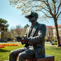 photo still of a bronze statue of a man gaming in vr in a park on a bright sunny day, 8 k 8 5 mm f 1 6