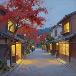 [Wide Landscape Oil Painting] Kyoto street in evening, Japanese maples, glowing shop windows, by Edward Harper, full resolution