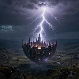 planetary shield with a medieval city inside gets hit by lightning | highland landscape | bright spectral glow, atmosphere of mystical unreality, unlit sky | ultra wide shot, aerial few | 8k resolution detailed cinematic, octane render, artstation, photograph, realistic