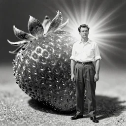 photograph of a man standing proudly next to a huge strawberry, photograph, vintage, black and white, detailed, realistic