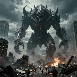 Ominous ariel view news footage of Gargantuan, Mastodonic, Inter-Dimensional Behemoth Entity Monster designed by Yoshitaka Amano,Moebius, GANTZ, Wayne Barlowe,H.R. Giger at devastated Toronto downtown district, chaotic riots in 2022, directed by James Cameron, denis villeneuve