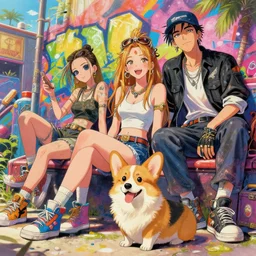 beautiful anime painting of sunny hiphop solarpunk royalty summertime chill with corgi, by dao le trong, daniela uhlig, craig mullins, craig davison. trending on artstation, 8 k, masterpiece, graffiti paint, fine detail, full of color, intricate detail, golden ratio illustration