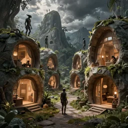futuristic neanderthal society chilling in their homes