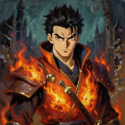 Infernopunk Mugen Magician Portrait portrait portrait Dungeon Exterior Man SamuraiChamplooTheWitcher3WildHunt TheElderScrollsOblivion Cover Art Face Head Eyes Snack Warlock Wearing Flame Vest Ismail Inceoglu Arnold Bocklin Jakub Rebelka dug stanat Anime Brushstrokes Oil Painting Impasto