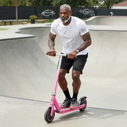 paparazzi photo of elderly Lebron James on a pink scooter in a skatepark