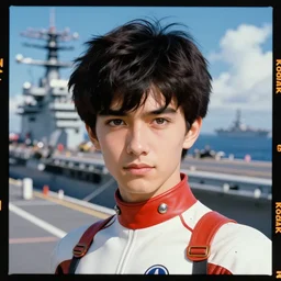 Kodak portra 160, 8K, highly detailed, seinen manga 3/4 closeup portrait, clear eyes, focus on moebius anti-g flight suit, tilt shift moebius background: famous french artist in moebius anime remake, aircraft carrier scene
