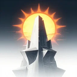 blazing sun over a geometric techno monolith, fine lines, glitch, android jones