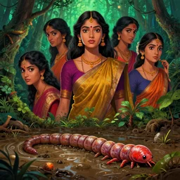 mix of beautiful sri lankan female as a worm, perfect faces, magical forest, muddy swamp, very coherent and colorful high contrast art, artstation, deviantart, digital art