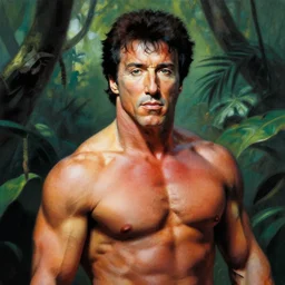 color portrait of sylvester stallone in the jungle by frank frazetta