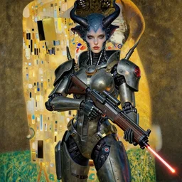 cybernetic female demon supersoldier armed with laser rifle, intricate detail, klimt, royo, whealan,