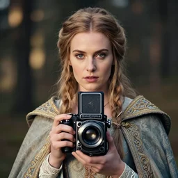 portrait photograph of a very beautiful nordic queen with ornate cloak, bokeh, graflex camera, macro 15mm