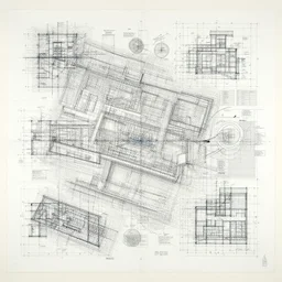 an artwork made from layers of technical drawings and architectural plans and blueprints, very detailed and intricate with callout texts, leaders, arrows, with dimensions and titleblocks and section bubbles by kim jung gi and hasui kawase and tomine