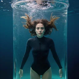 portrait of a woman in a wetsuit with flowing hair under water, tiny bubbles, currents, caustics, glass cylinder, prism, atmospheric, ambient, pj crook, syd mead, livia prima, artgerm, greg rutkowski, nick alm, casey baugh