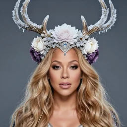 beautiful female character inspired by iceland and floral headdress mariah carey pagan wiccan viking antlers headdress icicles full face mfd 6 metres | | digital artwork made by greg rutswork, anna dittmann and lois van barlee, symmetrical rim light, anatomically correct