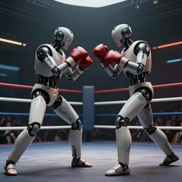 A concept art of two robots boxing in action in the middle of the a boxing ring, highly detailed, scifi film color palette, ridley scott film, cinematic lighting, trending on artstation, cgsociety, volumetric lighting, hyper realistic, octane render
