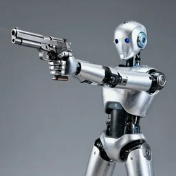 photo of an aluminum robot being held at gunpoint with a pistol