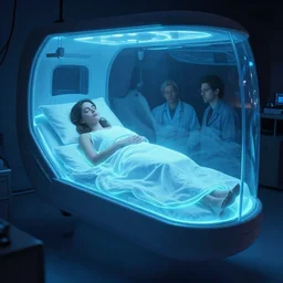 sleeping girl in suspended animation pod, glowing blue light, ralph horsley, daniel f. gerhartz, artgerm, boris villajo, lilia alvarado