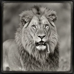 tintype photo of a lion with a snake in his mouth