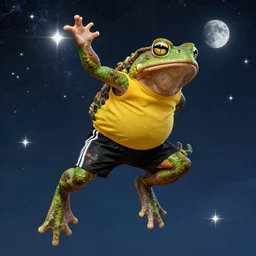 a toad! with green muscular body jumps to the sky and stars, wearing yellow sleeveless shirt and black sport shorts, cosmos, moon, by mucha and caspar david friedrich, atmospheric lighting, intricate detail, cgsociety, hyperrealistic, octane render, rpg portrait, ambient light, dynamic lighting