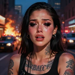 digital painting of a streetwear woman wearing thick mascara, crying, a city burns in the background, police lights, distress, tattoos, dark glitter, Cinestill 50d, 4k, 8k, hd, full color, octane render, trending on artstation, highly detailed