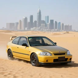 photograph of an itasha Honda Civic EK9 Type-R, surrounded by desert with a futuristic city in the horizon, sigma 85mm f/1.4, 4k, depth of field, high resolution, 4k, 8k, hd, full color