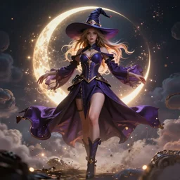 a beautiful female witch of the bloodmoon character, character is in all its glory, full body shot, rim lights, particles and dust in the air, fancy clouds, highly detailed professional photo, dynamic lights, particles are flying, depth of field, trending on artstation, professional illustration, hyper realistic, super detailed, colorful accents, cinematic shot