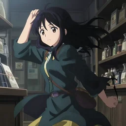 anime visual, portrait of a young female traveler in a alchemist's shop interior, cute face by yoh yoshinari, katsura masakazu, studio lighting, dynamic pose, dynamic perspective, strong silhouette, anime cels, ilya kuvshinov, cel shaded, crisp and sharp, rounded eyes, moody, cold colors
