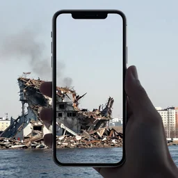 dynamic smartphone photo of destroyed after nuclear bombardment vladivostok, great composition, golden ratio