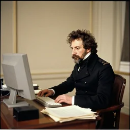 photograph!!!! taken in 1 9 9 0 of napoleon bonaparte sitting at computer in office, taken on iphone