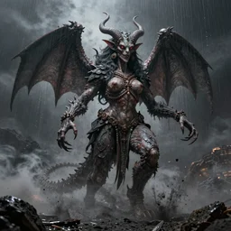 gorgeous lilith the mother of all monsters gorgon!, raining ash, fine art masterpiece, highly detailed dino valls wayne barlowe machiej kuciara, dramatic lighting, long shot, wide angle, uhd 8 k, sharp focus