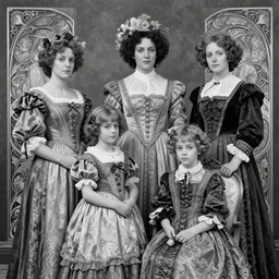 black and white old photograph of a family in the 1 8 0 0 s, deep focus, d & d, fantasy, intricate, elegant, highly detailed, digital painting, artstation, concept art, matte, sharp focus, illustration, hearthstone, art by artgerm and greg rutkowski and alphonse mucha