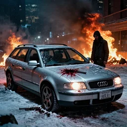 Audi A4 B6 Avant (2002), a gritty neo-noir, dramatic lighting, cinematic, eerie person, death, homicide, homicide in the snow, viscera splattered all over the car, gunshots, establishing shot, extremely high detail, photorealistic, arson, burning city, cinematic lighting, artstation, by simon stalenhag, Max Payne (PC) (2001) winter New York at night, In the style of Max Payne 1 graphic novel, flashing lights, Poets of the Fall - Late Goodbye