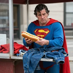 superman selling hot dogs stand, poor, old clothes,