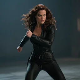 medium shot, action, female superheroine with black clothes, cinematic, dark, by marc silvestri