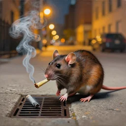 a rat smoking a joint in new york with smoke coming through a grate in the ground and warm street lights in the background, painting by banksy, banksy art, high detail, 4 k, smooth,