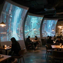 visor with curved translucent screens projecting detailed sci - fi art ( 2 0 4 2 ), pixel perfect photograph, high contrast, volumetric lighting, thin glowing lights, cafe, chairs, users, pair of keys