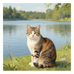 a cat sitting in front of a lake, artwork by carne griffiths