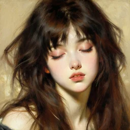 a detailed high fashion studio detailed portrait of am feisty anime girl, eyes closed, brightly lit, painting by gaston bussiere, craig mullins, j. c. leyendecker
