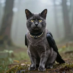 photographic portrait of a cat crow, fashionable, distinguished, in a foggy forest