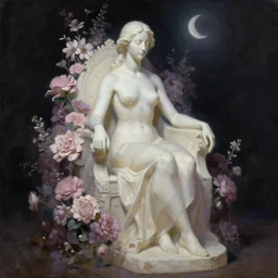 oil naive painting sculpture of a white woman seated on a throne in flowers art by yumingli, soft beige pink purple, moonlight, dark shadows, gumroad, black background
