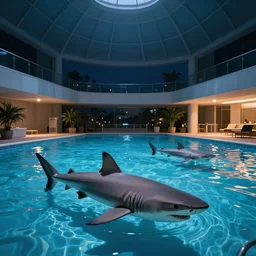 indoor pool filled with sharks, night time
