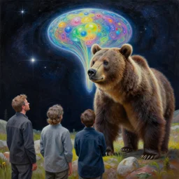 a realism painting of a grizzly bear observes the space - time continuum on heroic dose of psilocybin by, aaron brooks, chris dyer, alex grey, and android jones, highly detailed and realistic