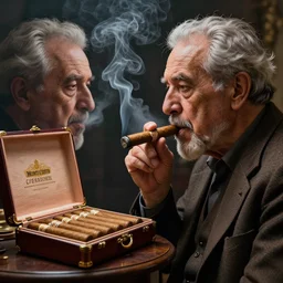 a intricately detailed portrait of an old man, smoking a lit symmetrical cuban cigar, looking at a case of monti cristo cigars freshly opened, cinematic photography, smoke rising like clouds, beautifully symmetrical, super resolution, cgi, trending on art station, volumetric lighting & shadows, hyper detailed, 8 k, digital art, unreal engine, in the style of a escher, canon 2 0 0 mm,