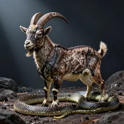 snake mixed with a goat, scaly goat, goat with a snake tail, capricorn snake